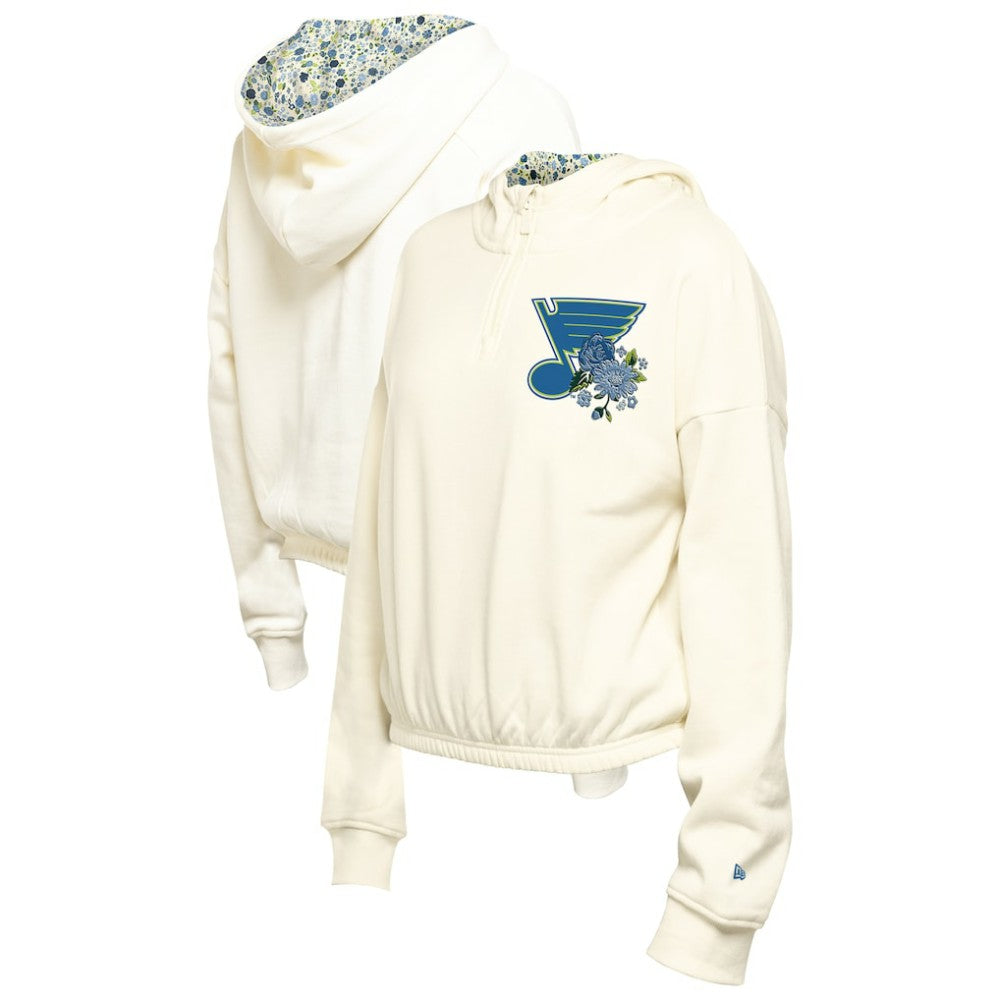 St. Louis Blues New Era Women's Glam Game Quarter-Zip Cropped Floral Hoodie Pullover Cream