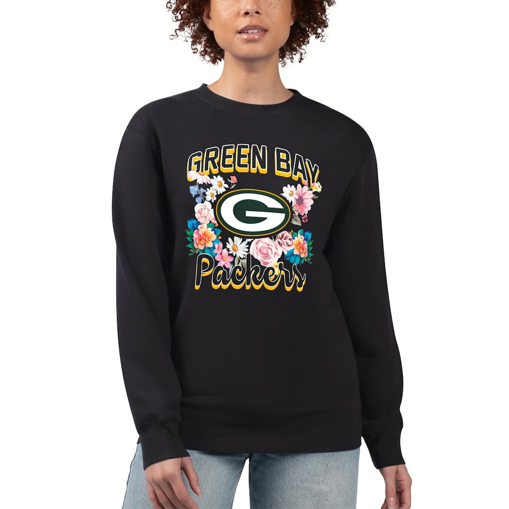 Green Bay Packers G-III 4Her by Carl Banks Women's Flower Logo Graphic Fleece Pullover Sweatshirt - Black on sale