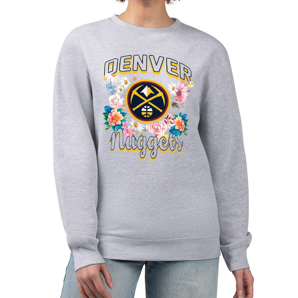 Denver Nuggets G-III 4Her by Carl Banks Women's Flowers Team Logo Graphic Fleece Crewneck Pullover Sweatshirt sale - Heather Gray online
