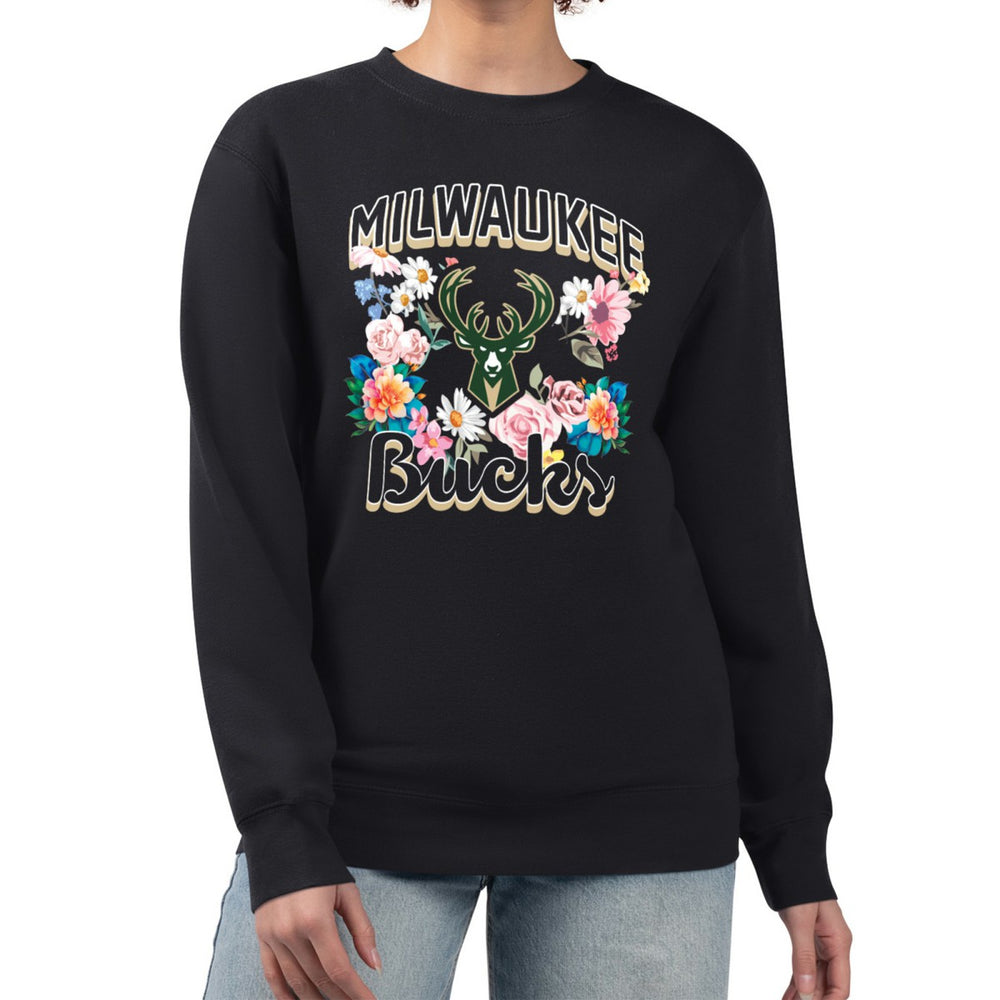 Milwaukee Bucks G-III 4Her by Carl Banks Women's Flowers Team Logo Graphic Fleece Crewneck Pullover Sweatshirt - Black online