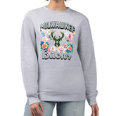 Milwaukee Bucks G-III 4Her by Carl Banks Women's Flowers Team Logo Graphic Fleece Crewneck Pullover Sweatshirt - Heather Gray for sale