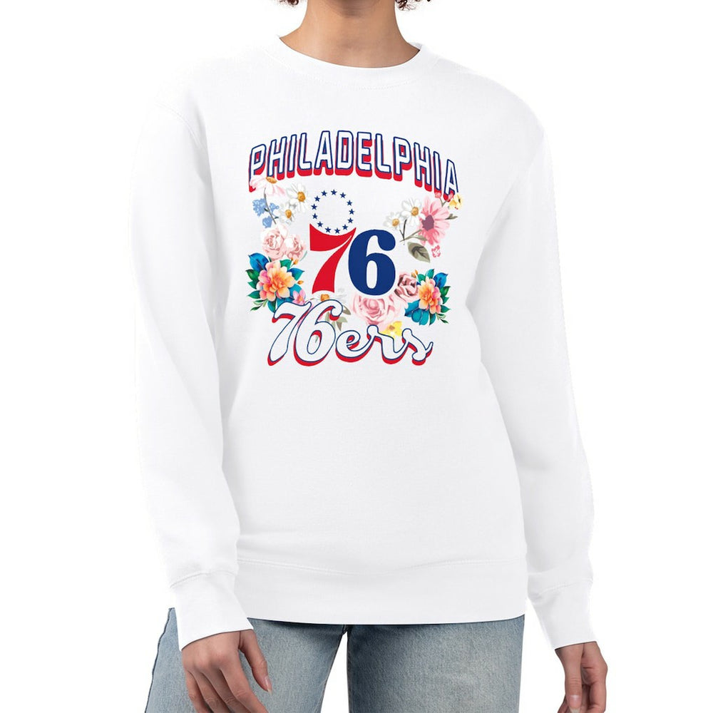 Philadelphia 76ers G-III 4Her by Carl Banks Women's Flowers Team Logo Graphic Fleece Crewneck Pullover Sweatshirt - White online