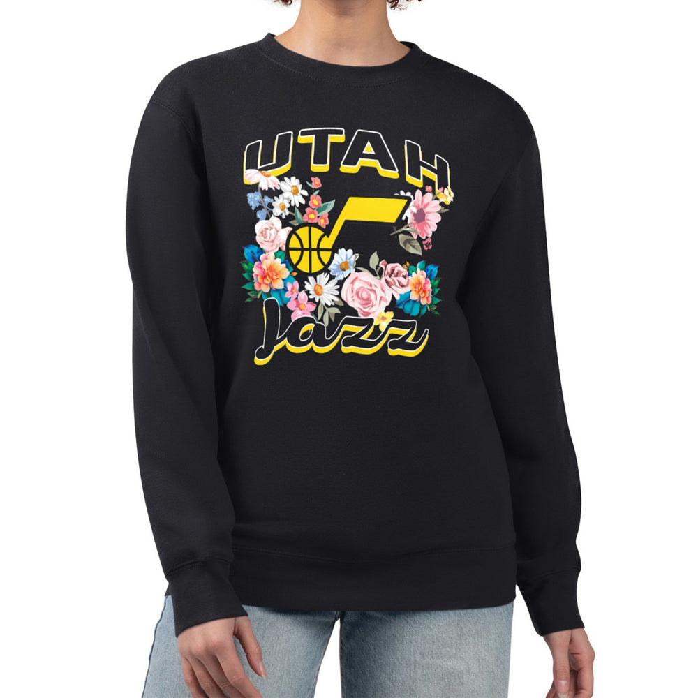 Utah Jazz G-III 4Her by Carl Banks Women's Flowers Team Logo Graphic Fleece Crewneck Pullover Sweatshirt - Black on sale