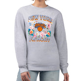 New York Knicks G-III 4Her by Carl Banks Women's Flowers Team Logo Graphic Fleece Crewneck Pullover Sweatshirt - Heather Gray for sale