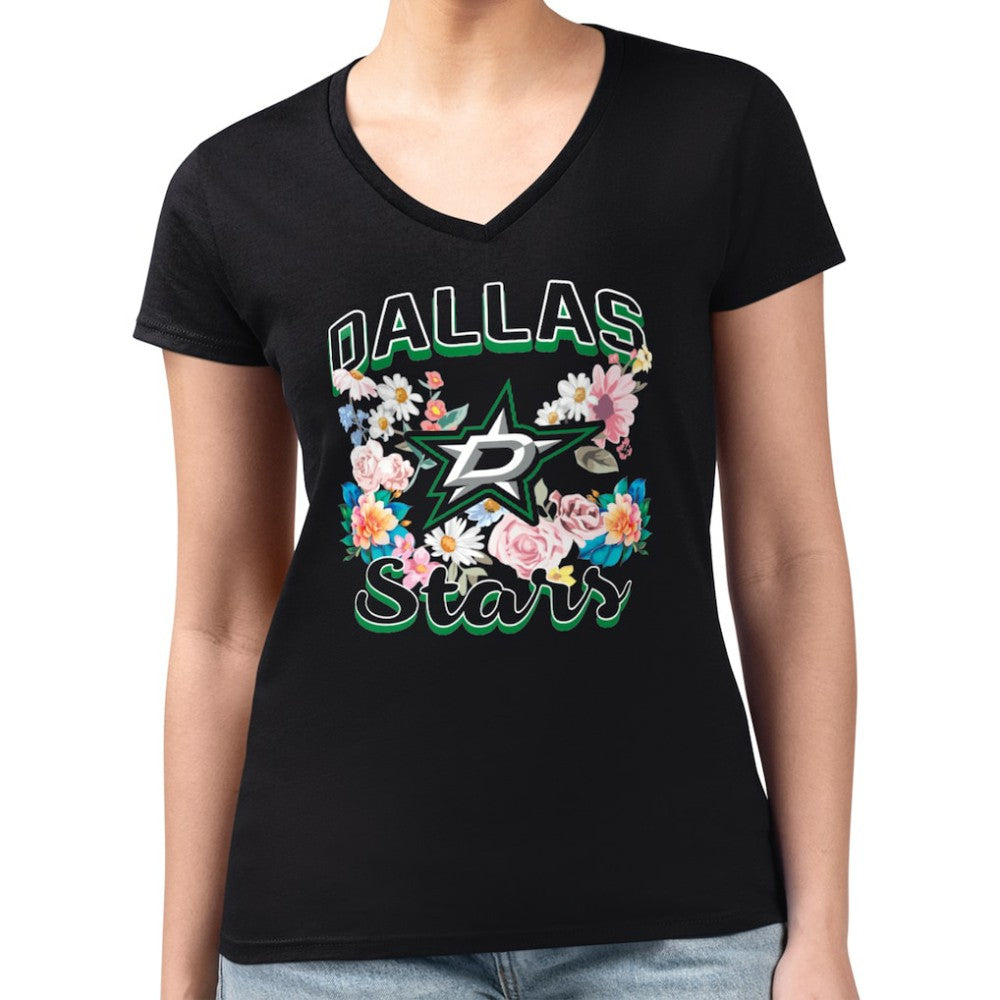 Dallas Stars G-III 4Her by Carl Banks Women's Super-Slim Fit Lightweight Flower Logo V-Neck T-Shirt Black