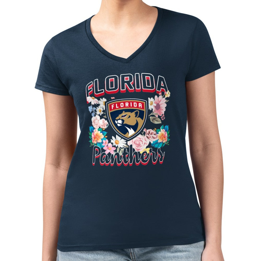 Florida Panthers G-III 4Her by Carl Banks Women's Super-Slim Fit Lightweight Flower Logo V-Neck T-Shirt Navy