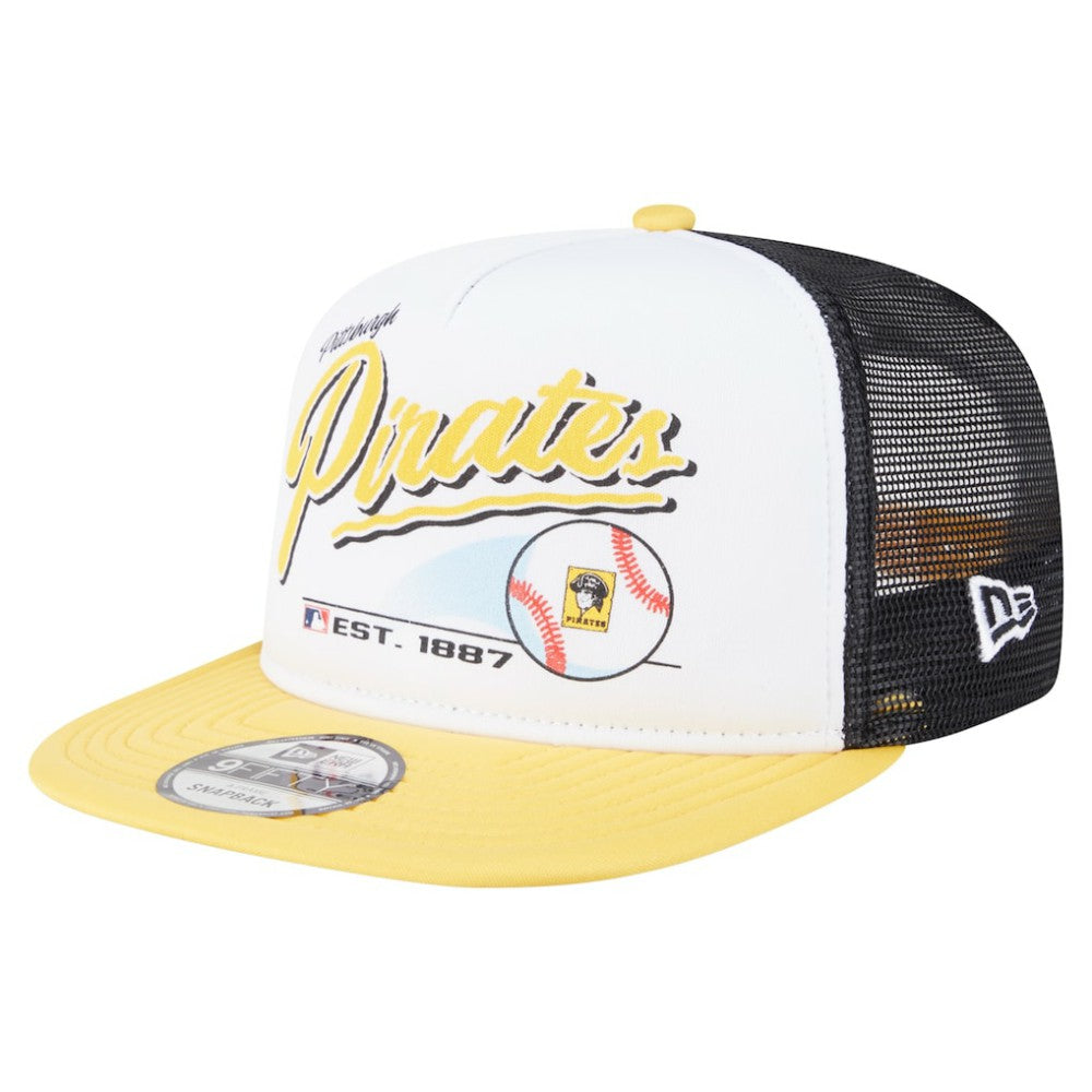 Pittsburgh Pirates Retro Script Trucker 9FIFTY Snapback Hat - White/Gold | New Era