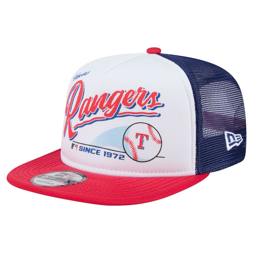 Texas Rangers Retro Script Trucker 9FIFTY Snapback Hat - White/Red | New Era