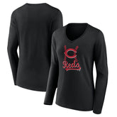 Cincinnati Reds Women's Fastball Long Sleeve V-Neck T-Shirt - Black