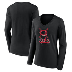 Cincinnati Reds Women's Fastball Long Sleeve V-Neck T-Shirt - Black