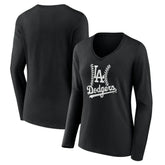 Los Angeles Dodgers Women's Fastball Long Sleeve V-Neck T-Shirt - Black