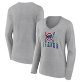 Chicago Cubs Women's Fastball Long Sleeve V-Neck T-Shirt - Gray