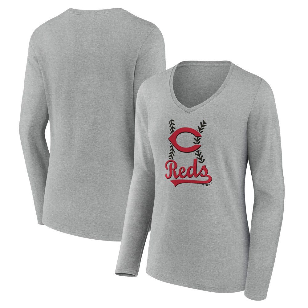 Cincinnati Reds Women's Fastball Long Sleeve V-Neck T-Shirt - Gray