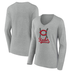 Cincinnati Reds Women's Fastball Long Sleeve V-Neck T-Shirt - Gray