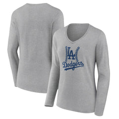 Los Angeles Dodgers Women's Fastball Long Sleeve V-Neck T-Shirt - Gray