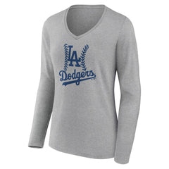 Los Angeles Dodgers Women's Fastball Long Sleeve V-Neck T-Shirt - Gray