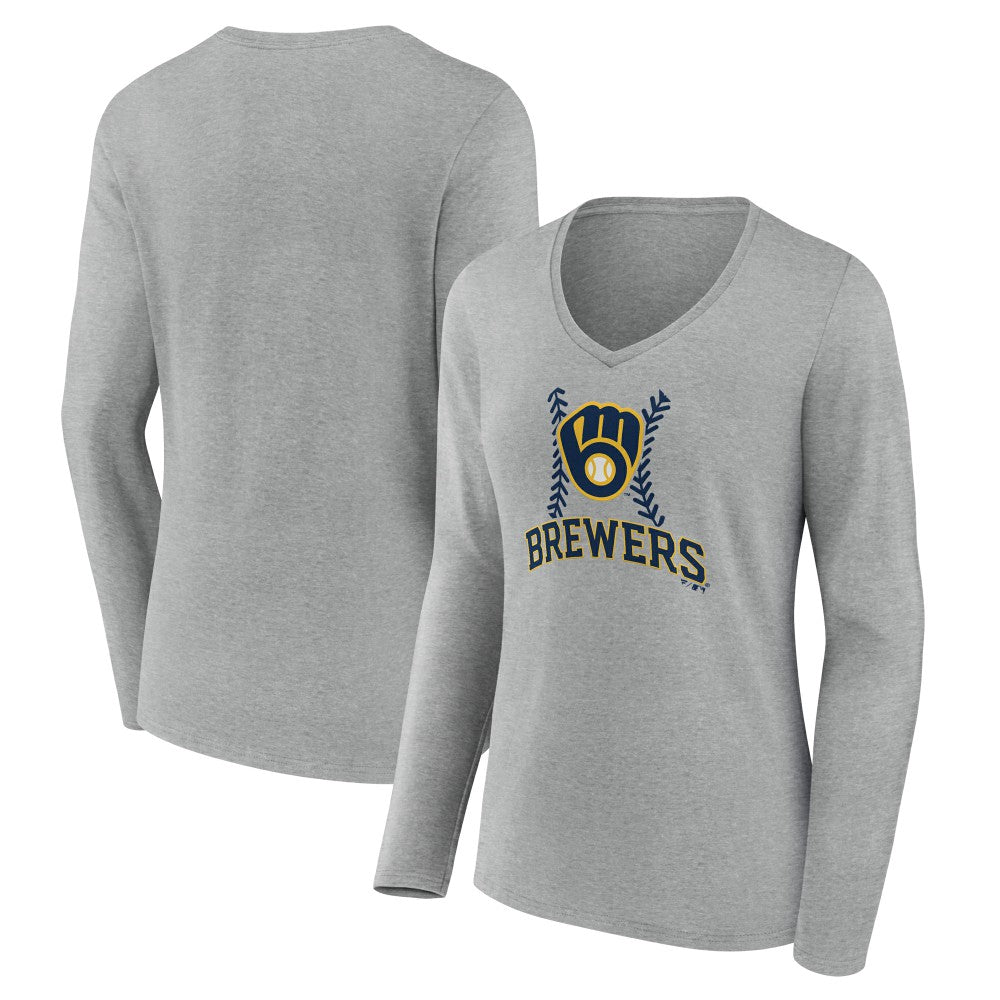 Milwaukee Brewers Women's Fastball Long Sleeve V-Neck T-Shirt - Gray