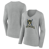 Milwaukee Brewers Women's Fastball Long Sleeve V-Neck T-Shirt - Gray