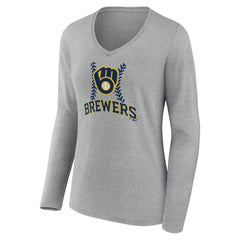 Milwaukee Brewers Women's Fastball Long Sleeve V-Neck T-Shirt - Gray