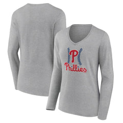 Philadelphia Phillies Women's Fastball Long Sleeve V-Neck T-Shirt - Gray