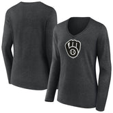 Milwaukee Brewers Women's Monochrome Long Sleeve V-Neck T-Shirt - Charcoal