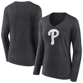 Philadelphia Phillies Women's Monochrome Long Sleeve V-Neck T-Shirt - Charcoal