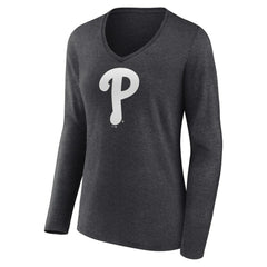 Philadelphia Phillies Women's Monochrome Long Sleeve V-Neck T-Shirt - Charcoal