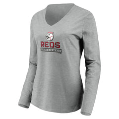 Cincinnati Reds Women's Evanston Stencil Long Sleeve V-Neck T-Shirt - Gray