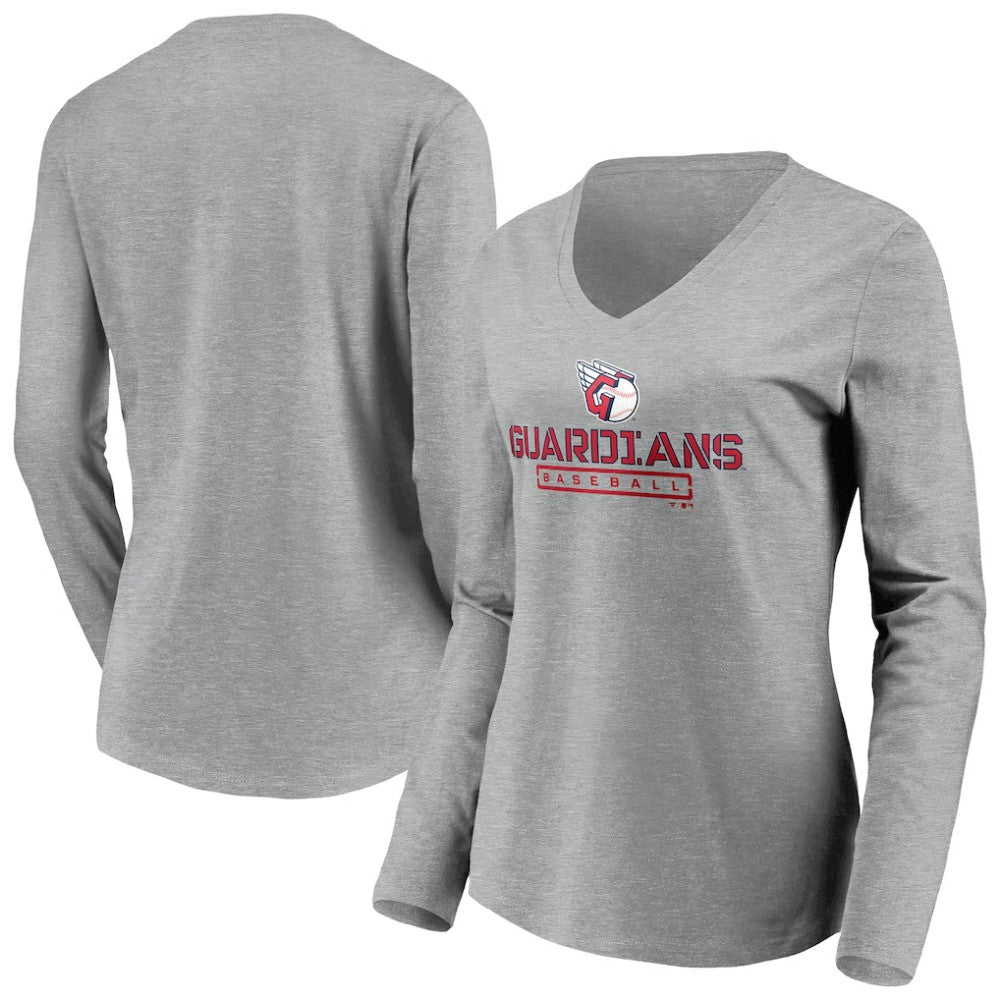 Cleveland Guardians Women's Evanston Stencil Long Sleeve V-Neck T-Shirt - Gray