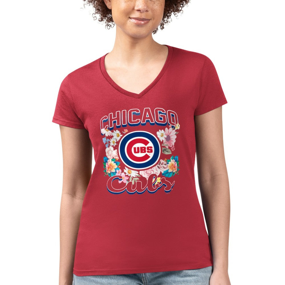 Chicago Cubs G-III 4Her by Carl Banks Women's Super-Slim Fit Lightweight Flowers Graphic V-Neck T-Shirt - Red