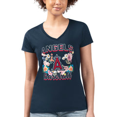 Los Angeles Angels G-III 4Her by Carl Banks Women's Super-Slim Fit Lightweight Flowers Graphic V-Neck T-Shirt - Navy