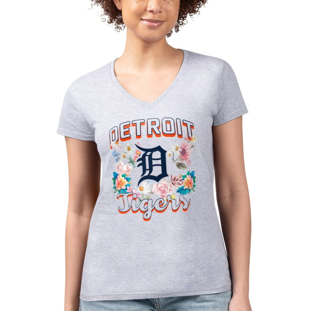 Detroit Tigers G-III 4Her by Carl Banks Women's Super-Slim Fit Lightweight Flowers Graphic V-Neck T-Shirt - Heather Gray