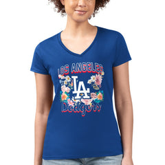 Los Angeles Dodgers G-III 4Her by Carl Banks Women's Super-Slim Fit Lightweight Flowers Graphic V-Neck T-Shirt - Royal