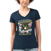 Milwaukee Brewers G-III 4Her by Carl Banks Women's Super-Slim Fit Lightweight Flowers Graphic V-Neck T-Shirt - Navy