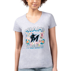 Miami Marlins G-III 4Her by Carl Banks Women's Super-Slim Fit Lightweight Flowers Graphic V-Neck T-Shirt - Heather Gray