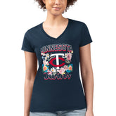 Minnesota Twins G-III 4Her by Carl Banks Women's Super-Slim Fit Lightweight Flowers Graphic V-Neck T-Shirt - Navy