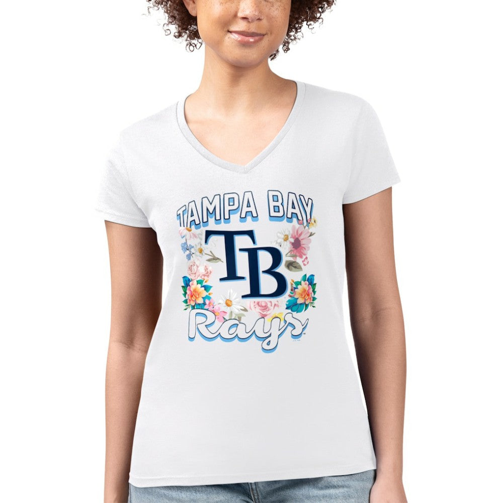 Tampa Bay Rays G-III 4Her by Carl Banks Women's Super-Slim Fit Lightweight Flowers Graphic V-Neck T-Shirt - White