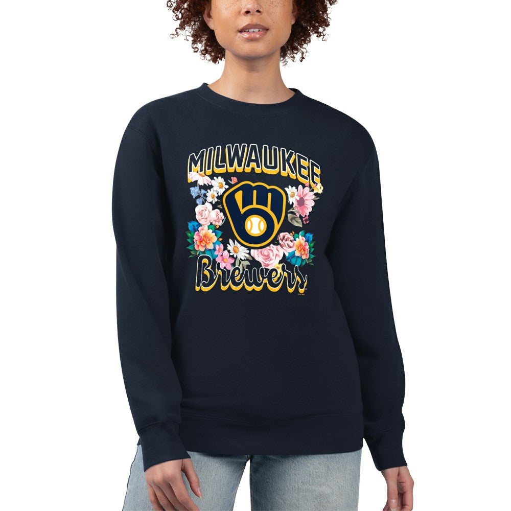 Milwaukee Brewers G-III 4Her by Carl Banks Women's Flowers Graphic Pullover Sweatshirt - Navy