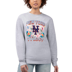 New York Mets G-III 4Her by Carl Banks Women's Flowers Graphic Pullover Sweatshirt - Heather Gray