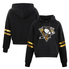 Pittsburgh Penguins Cuce Women's Sequin Cropped Pullover Hoodie Black