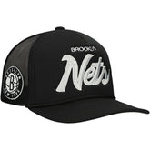 Brooklyn Nets Script Trucker Adjustable Hat - Black | Mitchell & Ness outlet