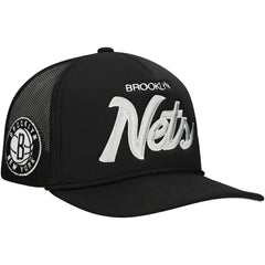 Brooklyn Nets Script Trucker Adjustable Hat - Black | Mitchell & Ness outlet