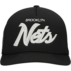Brooklyn Nets Script Trucker Adjustable Hat - Black | Mitchell & Ness outlet