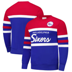Philadelphia 76ers Hardwood Classics Vintage Logo Head Coach Pullover Sweatshirt - Royal/Red | Mitchell & Ness shop
