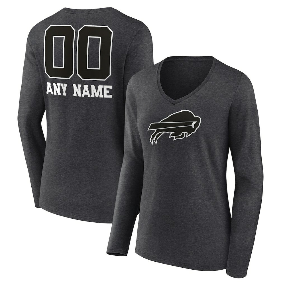 Buffalo Bills Women's Personalized Name & Number Monochrome V-neck T-Shirt - Charcoal for sale