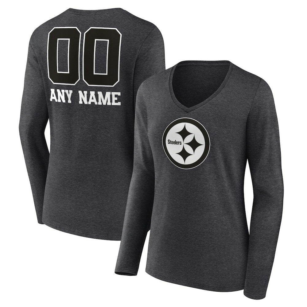 Pittsburgh Steelers Women's Personalized Name & Number Monochrome V-neck T-Shirt - Charcoal sale