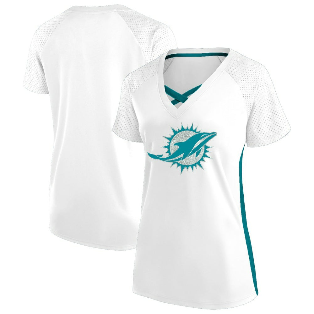 Miami Dolphins Women's Plus Size Glitter Lace-Up V- Neck T-Shirt - White discount