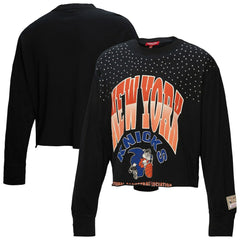 New York Knicks Women's Hardwood Classics Studded Boxy Cropped Long Sleeve T-Shirt - Black | Mitchell & Ness on sale