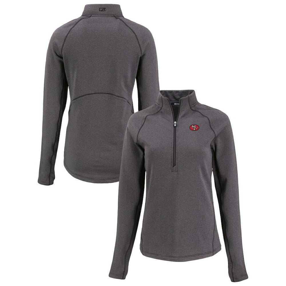 San Francisco 49ers Cutter & Buck Women's Peshastin Eco Fleece Recycled Tri-Blend Raglan Half-Zip Jacket - Heather Black for sale