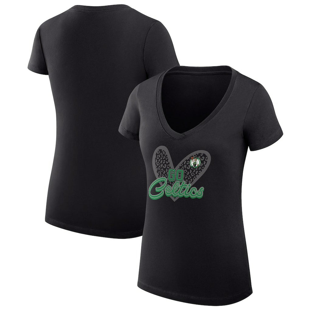 Boston Celtics G-III 4Her by Carl Banks Women's Super-Slim Fit Lightweight Leopard Heart V-Neck T-Shirt - Black cheap